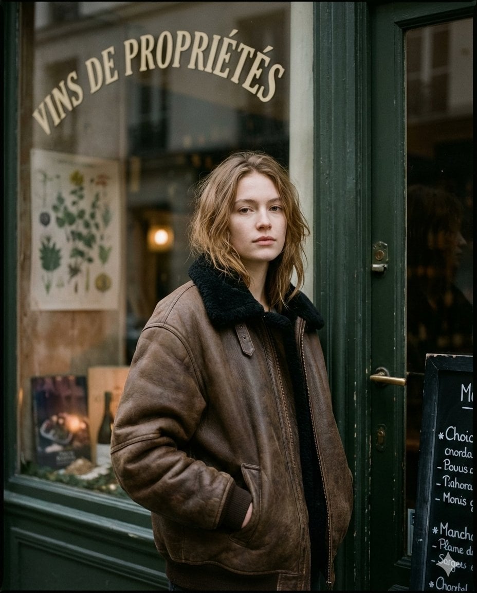 Ultra-realistic moody Paris street editorial portrait, shot outside a vintage shopfront at dusk/overcast twil…