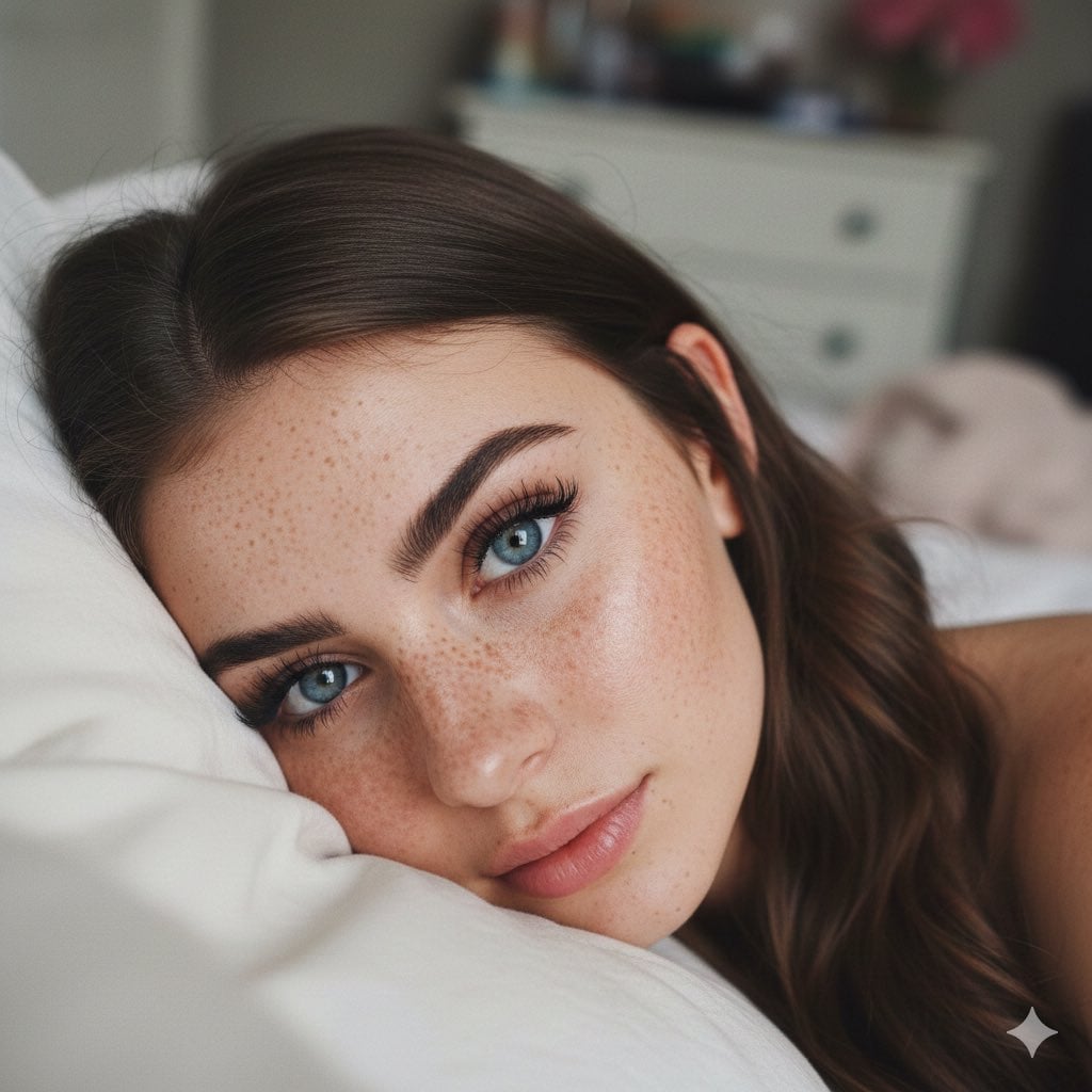 subject details appearance “ Young woman eyes large striking blue irises with high-definition clarity skin fa…