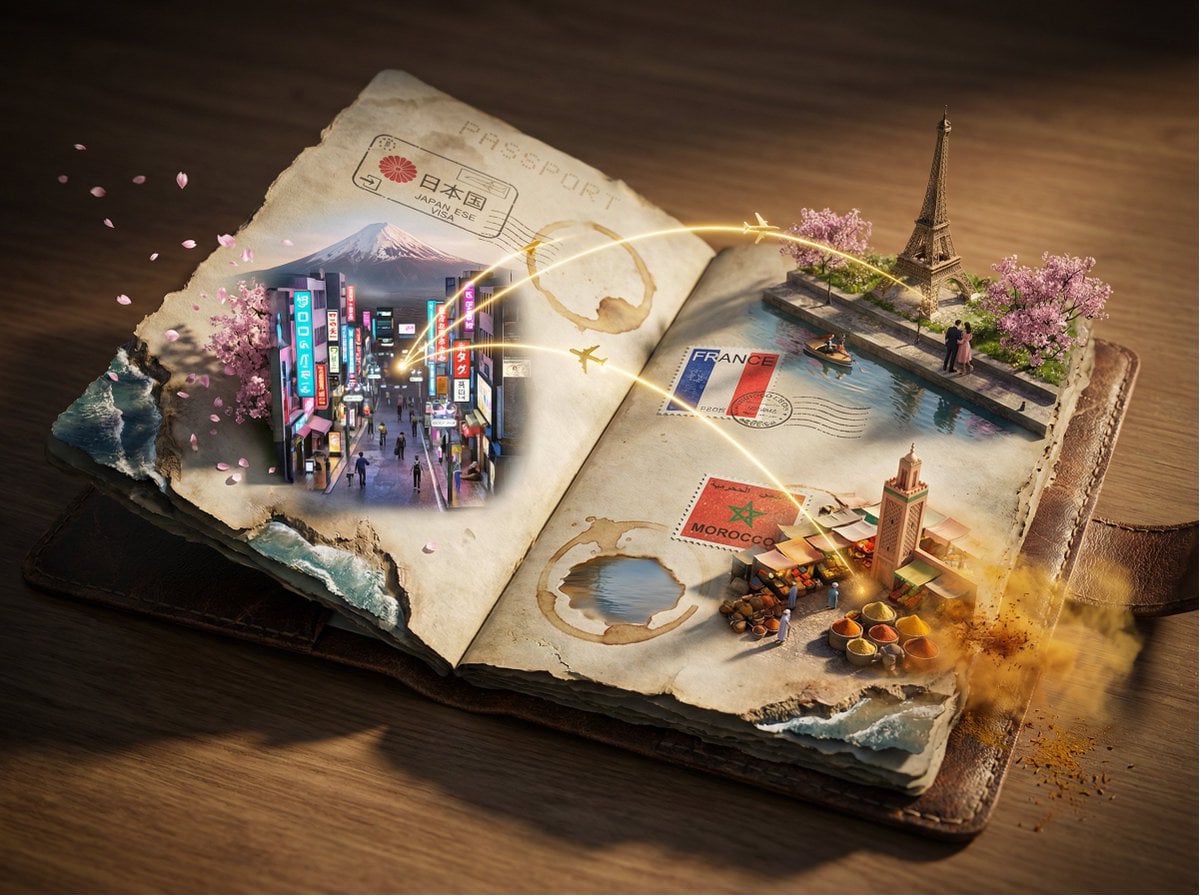 Epic 3D scene: a weathered passport lies open, its visa stamps erupting into the destinations they represent.…