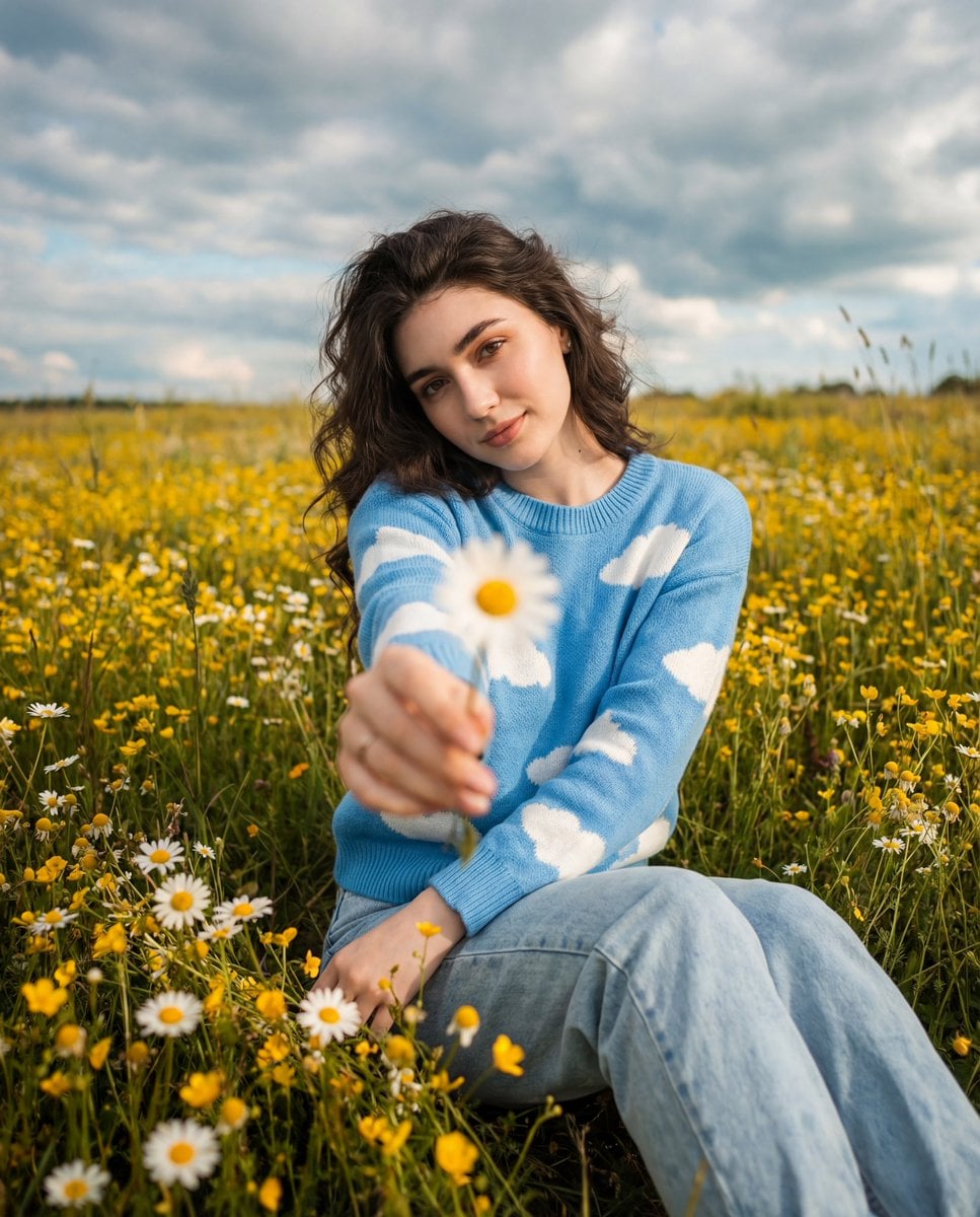 cinematic, wide-angle portrait of her sitting in a wildflower field d…