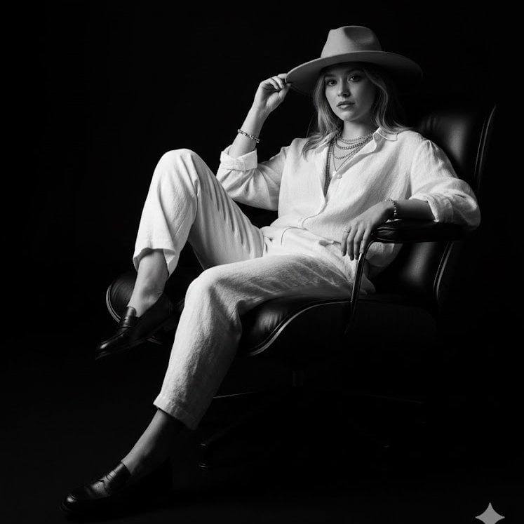 Hyper-realistic 8K black-and-white studio portrait captured as a medium shot from a slightly low-angle perspe…
