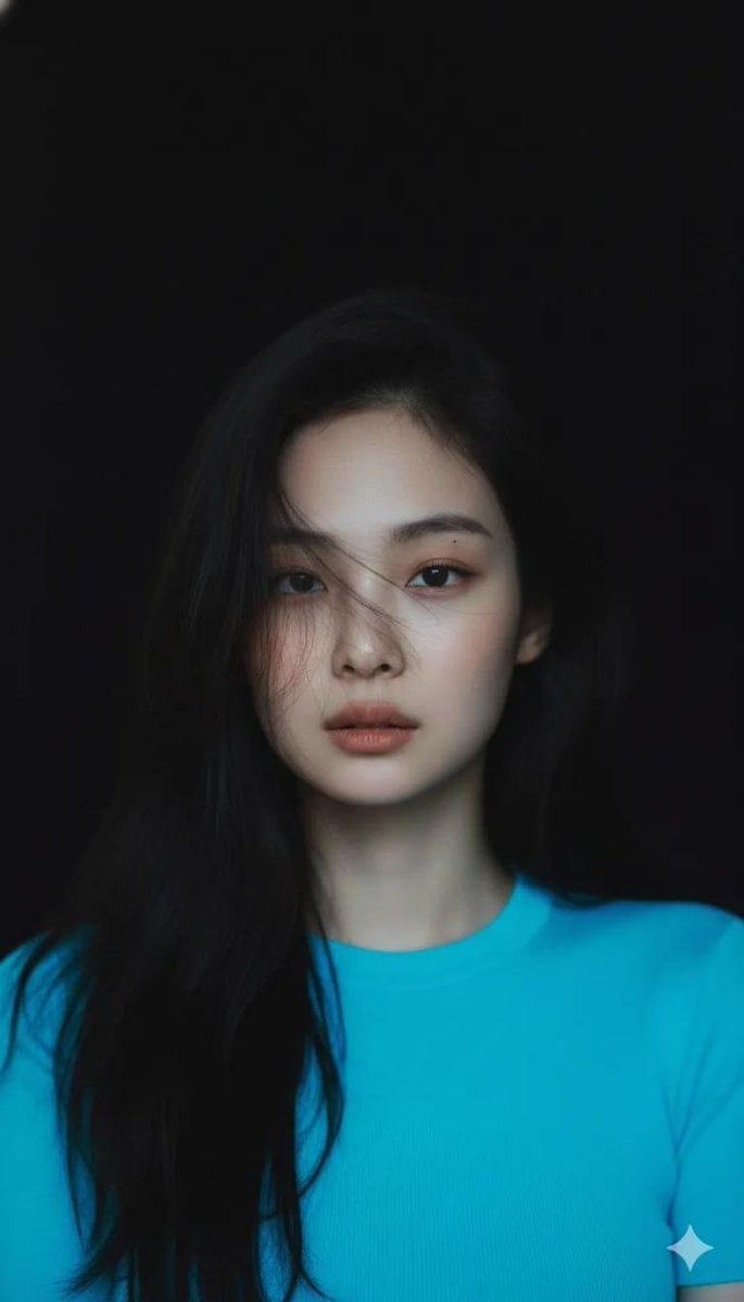 Create Moody cinematic portrait of a young woman with clear fair skin…