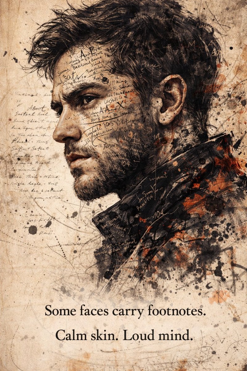 Use the uploaded photo as the main face reference. A dramatic, high-impact portrait rendered in an expressive…