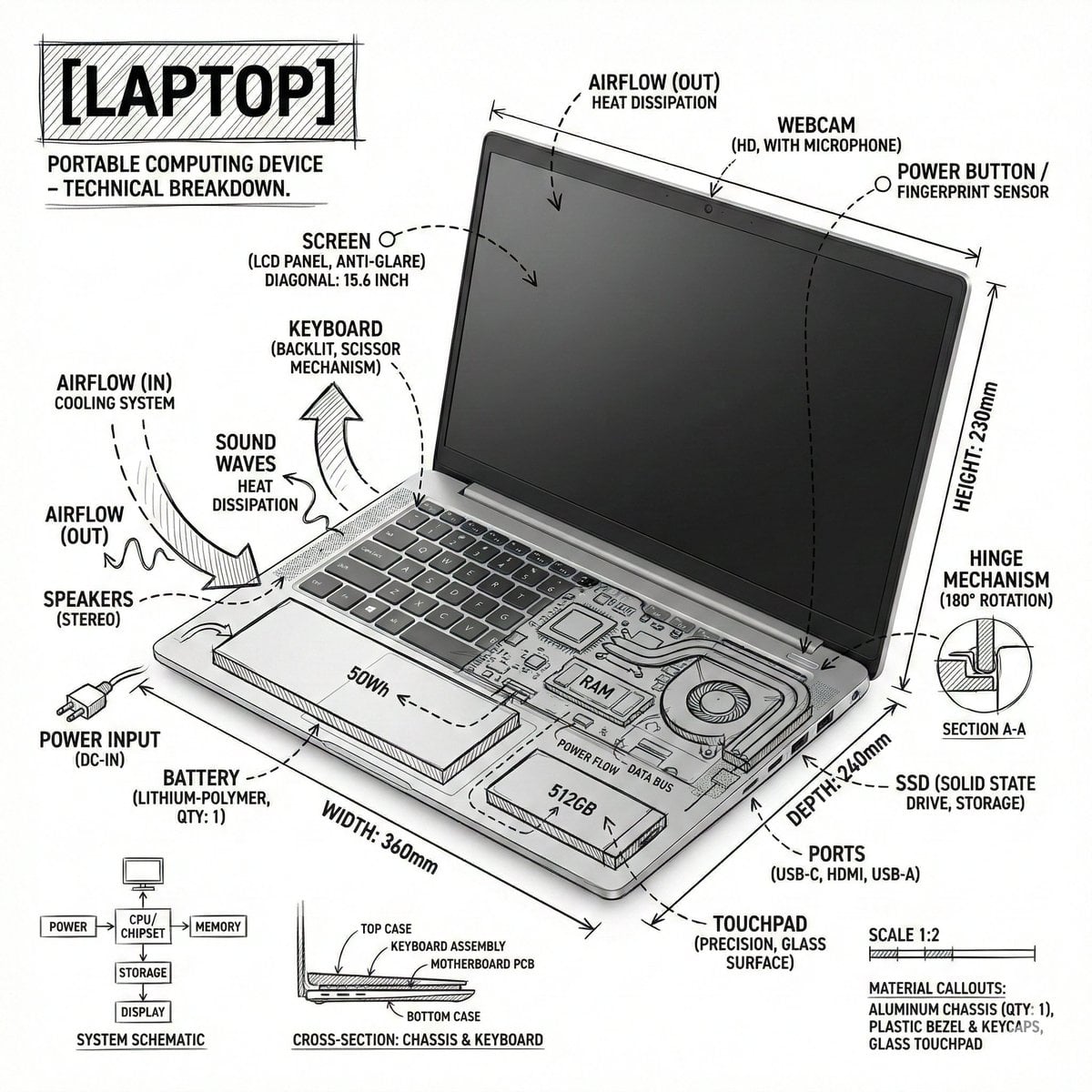 Create an infographic image of laptop ,combining a realistic photograph or photoreal render of the object wit…