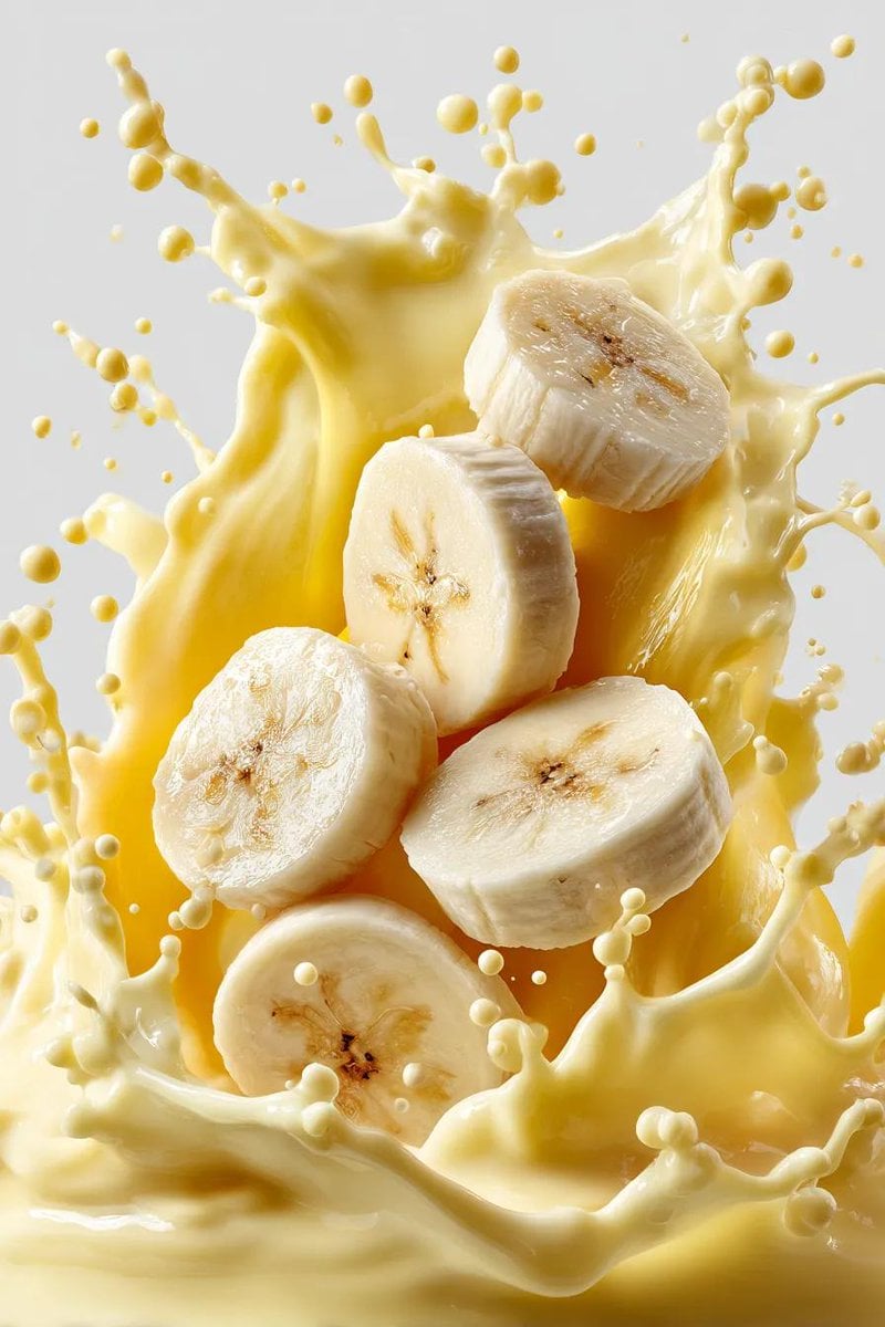 primary Vibrant orange slices action Falling through the air toward rising milk secondary Thick glossy white…