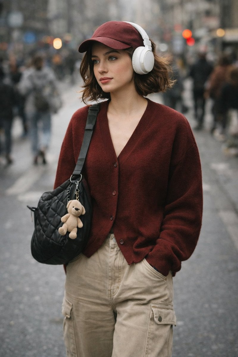 A high-quality, candid street photography shot of a stylish young woman with short wavy brown hair. She is we…