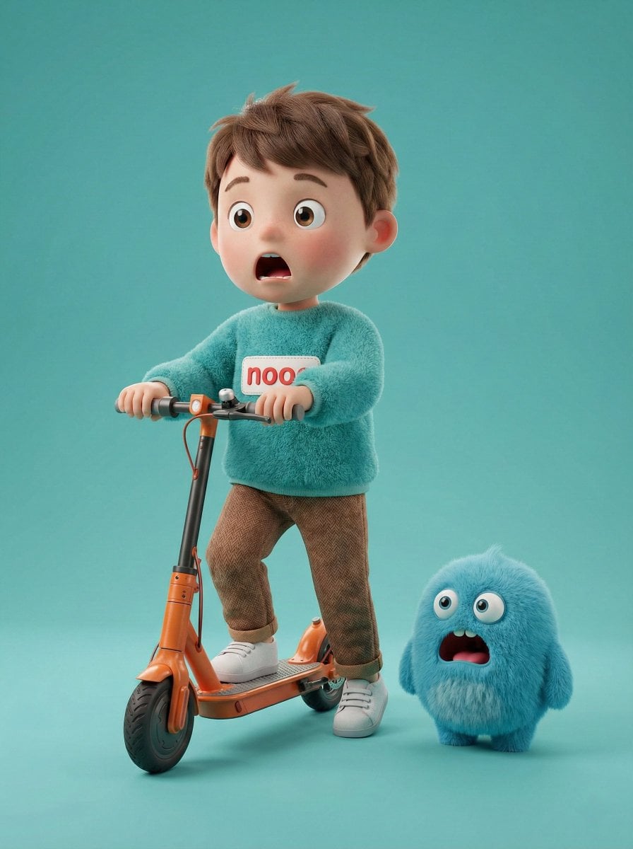 A high-quality 3D render of a cute young boy riding an orange electri…