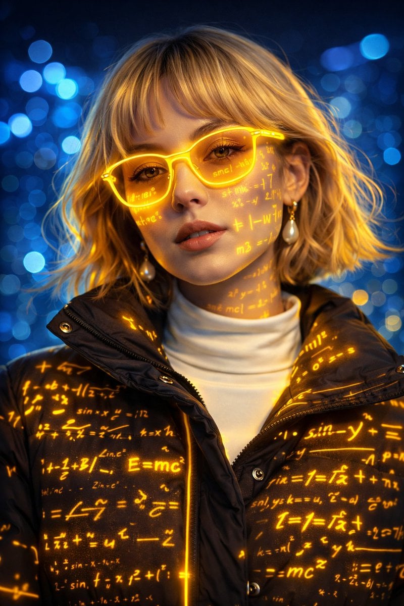 A futuristic cyber-aesthetic portrait of a young woman wearing glowing neon-yellow glasses, with luminous mat…