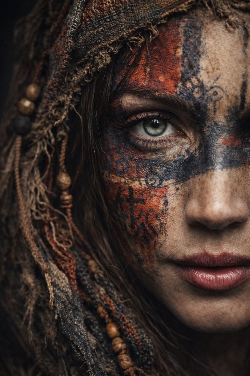 A dramatic ultra-realistic portrait of a woman shown in extreme close…