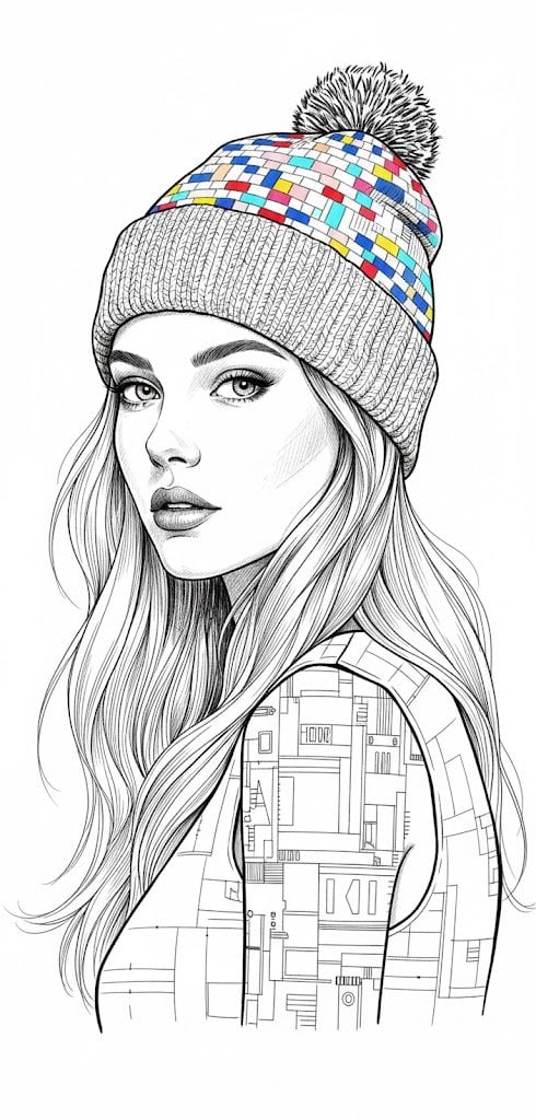 Ultra-detailed black and white ink illustration of a young woman in 3…