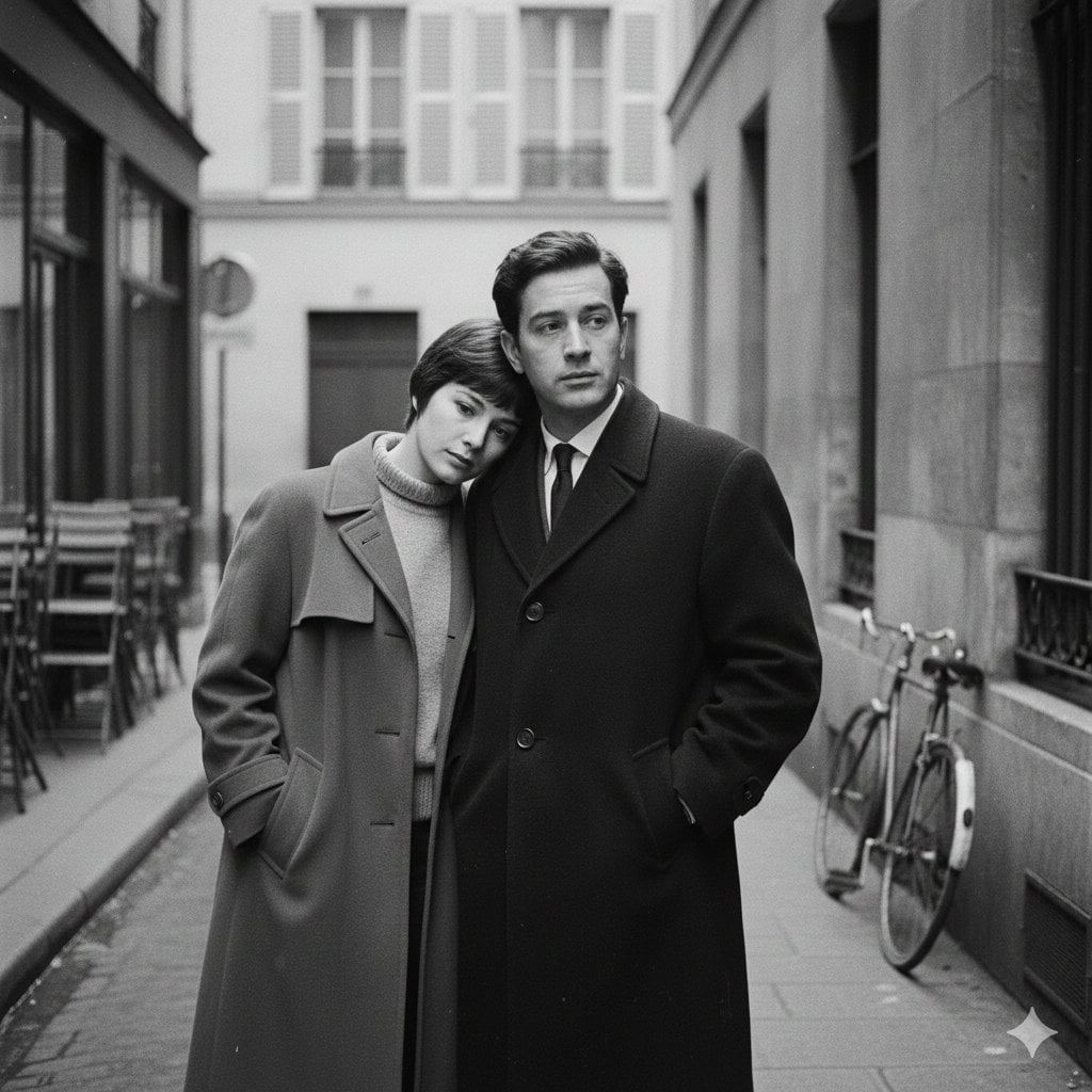 A French New Wave–style minimalist lovers scene, black and white, 195…