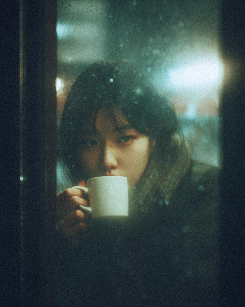 A cinematic, moody photograph of a young woman sitting inside a café at night, seen through a rain-covered wi…