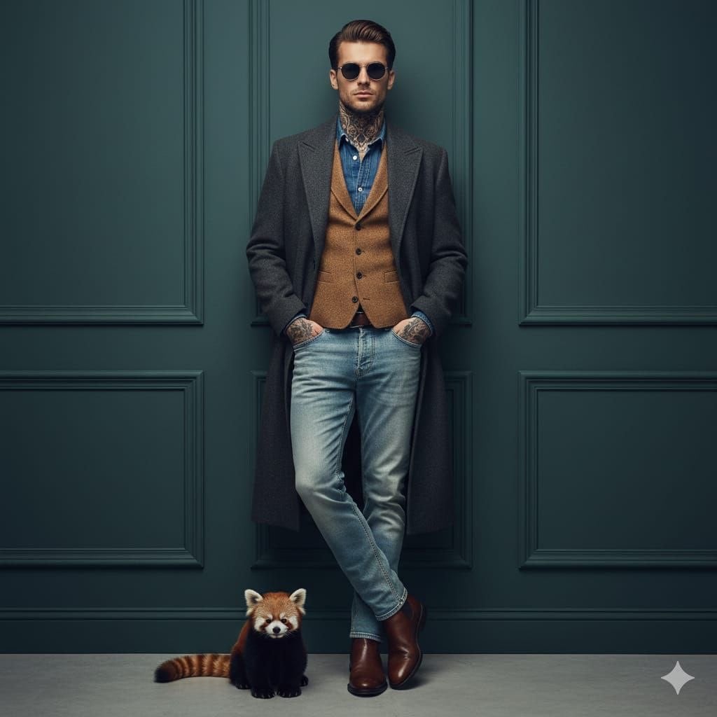 A cinematic fashion portrait of a stylish man leaning against a dark…