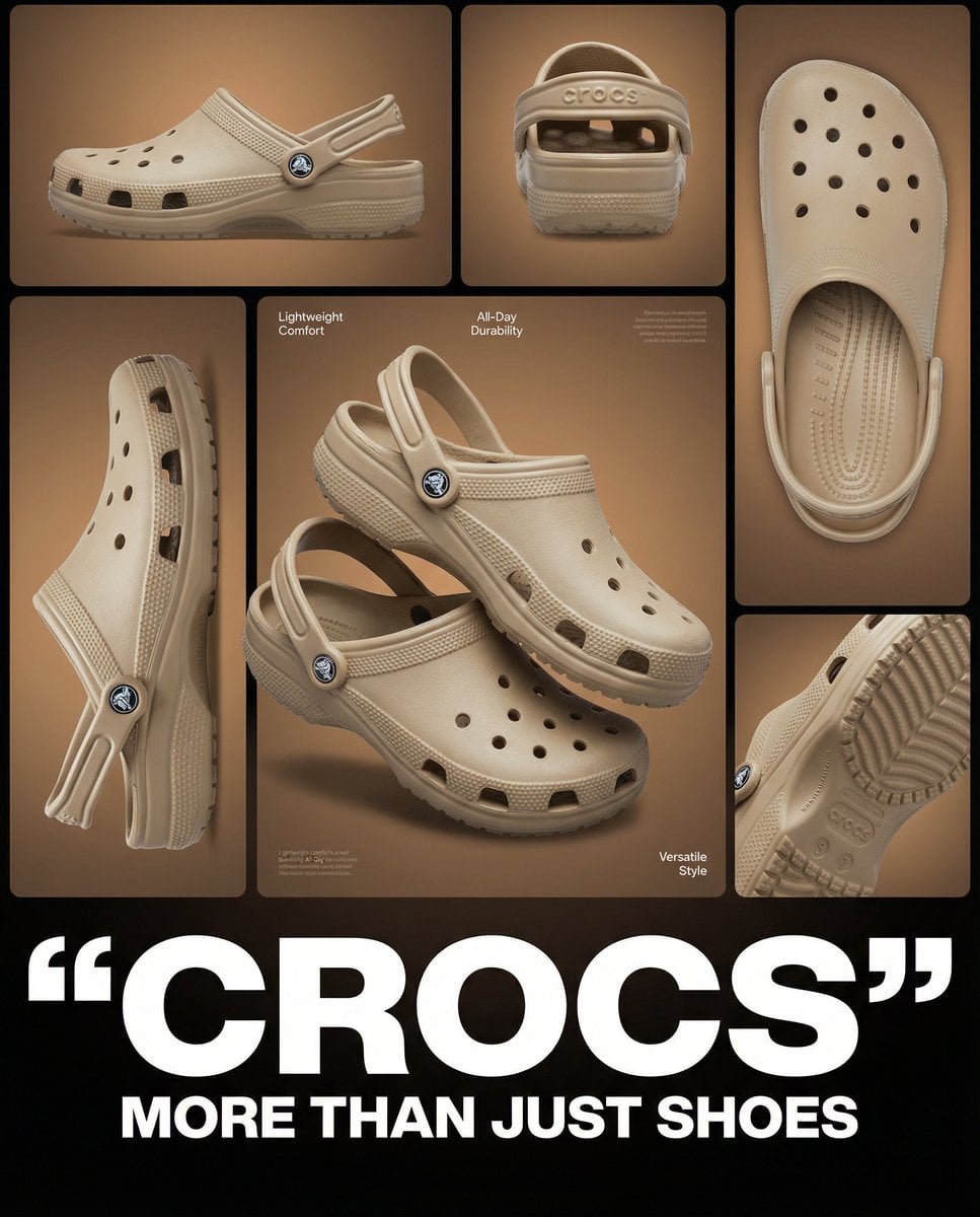 Multi-image product collage poster featuring beige/tan Crocs clog sho…