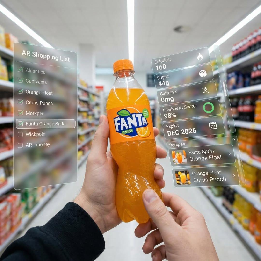 First-person perspective inside a brightly lit supermarket aisle. Rea…