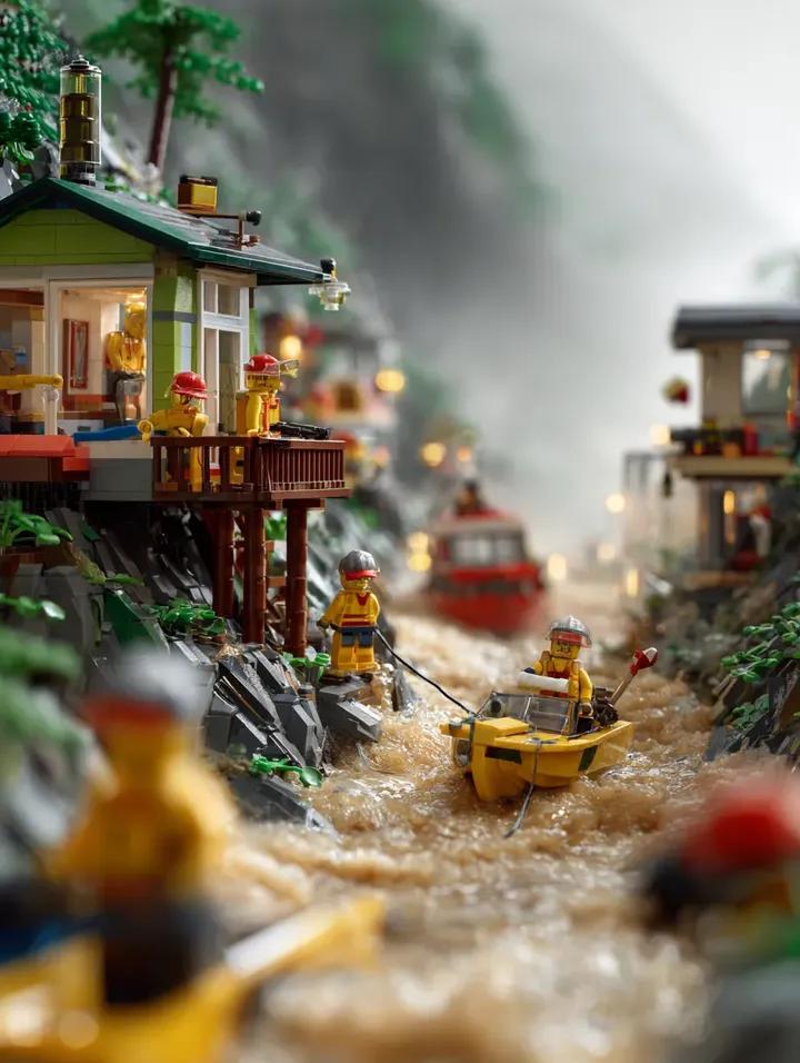 LEGO mountain flood rescue scene, torrential rain causing river overf…