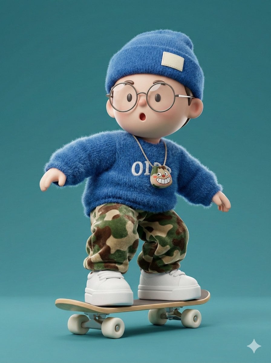 A high-fidelity 3D character render of a cute, stylized boy skateboar…