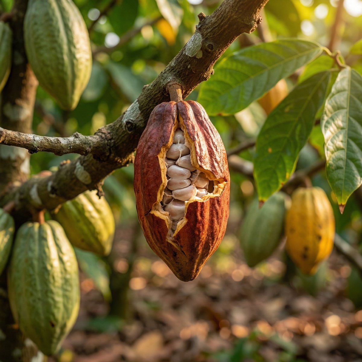 High-quality realistic commercial shot of a cocoa plantation in lands…