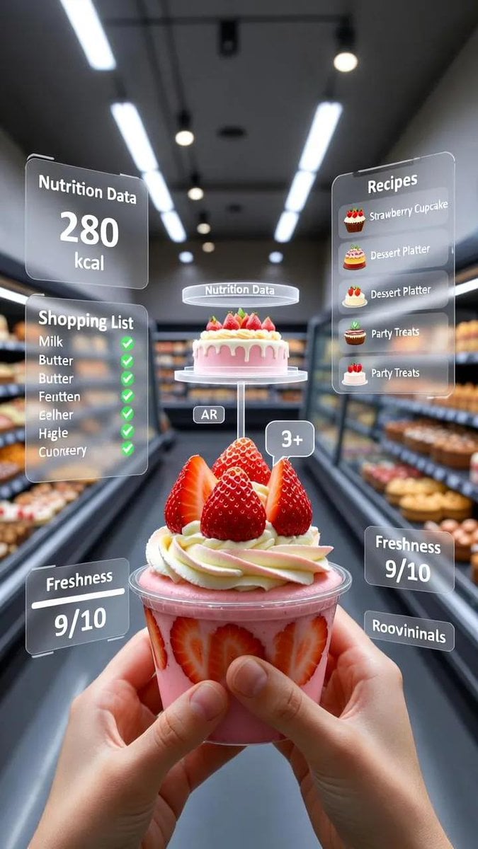 A first-person point-of-view (POV) shot inside a modern supermarket aisle. The viewer's hands are holding a m…