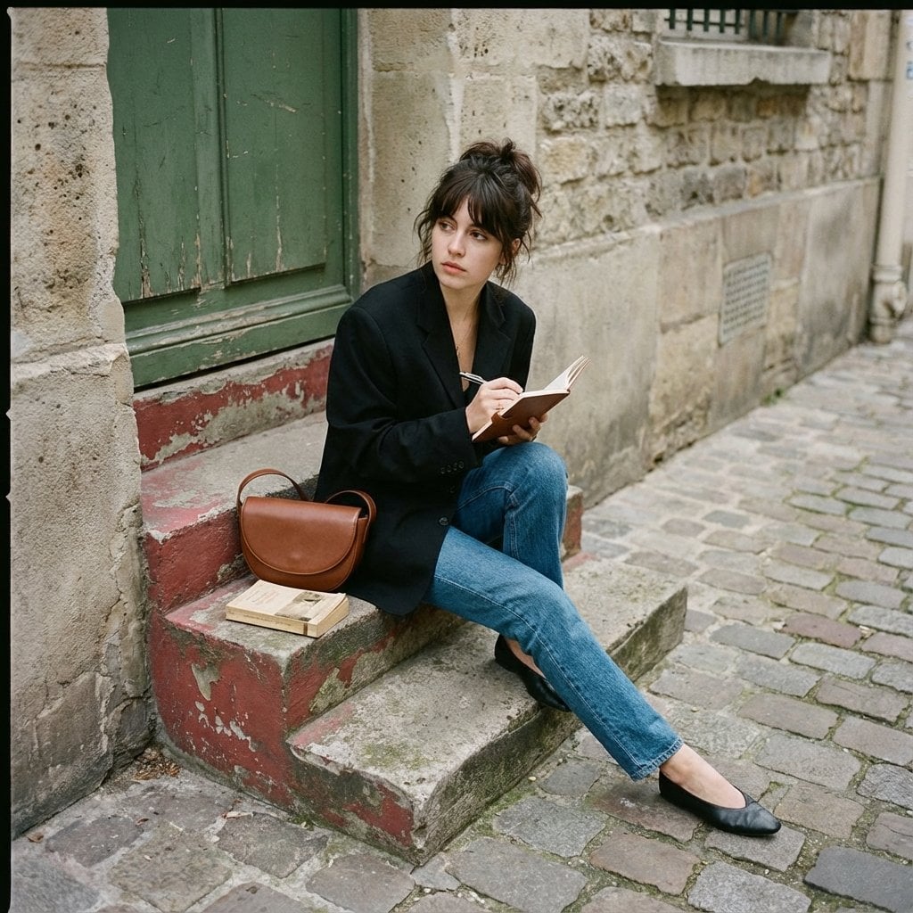 image generation young woman sitting on stone steps in a quiet old Eu…