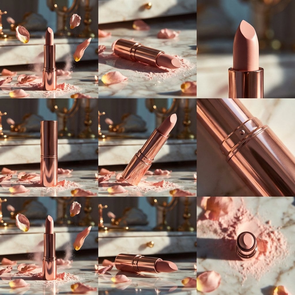Elegant rose-gold lipstick standing upright on a reflective marble su…
