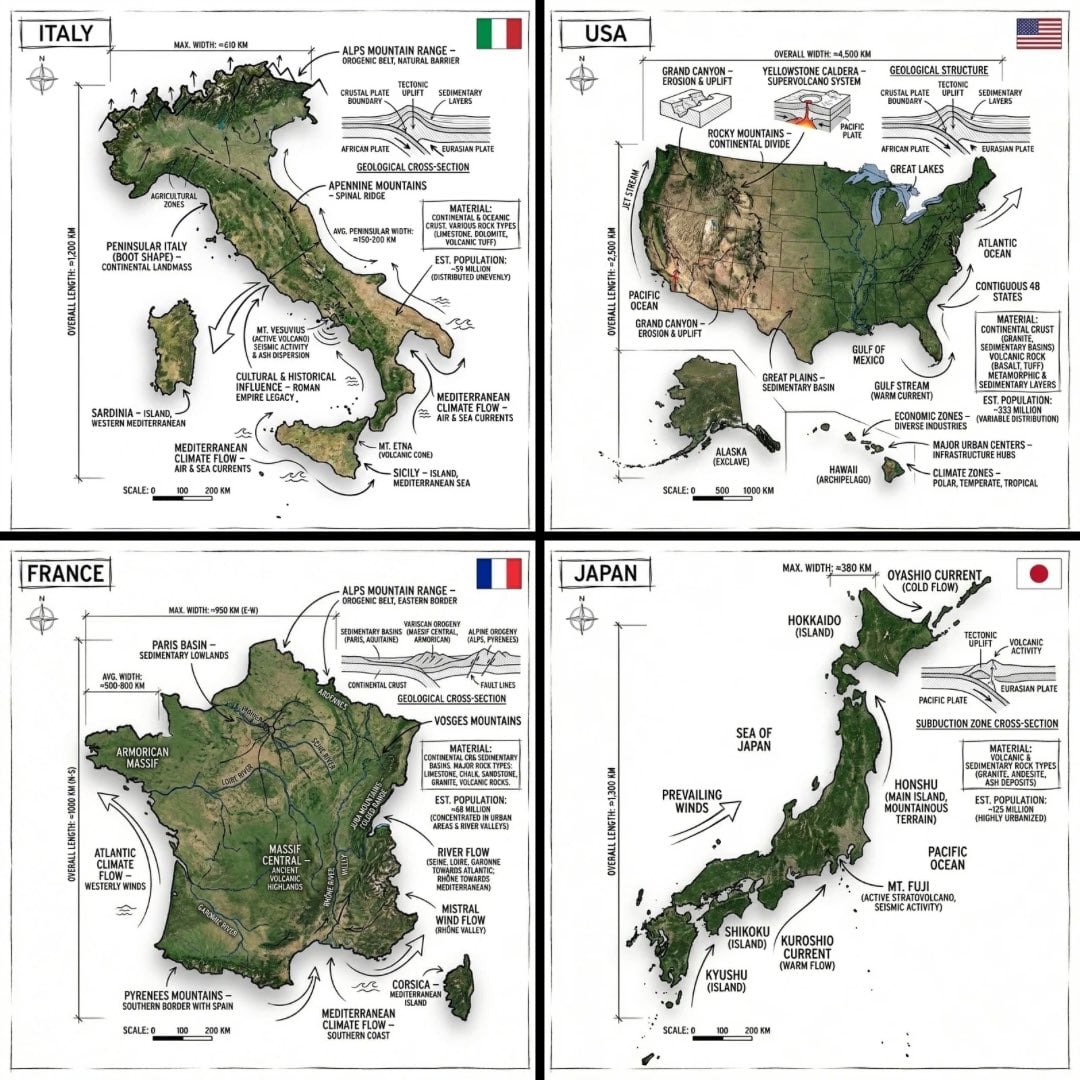 Create an infographic image of [COUNTRY], combining a realistic photo…