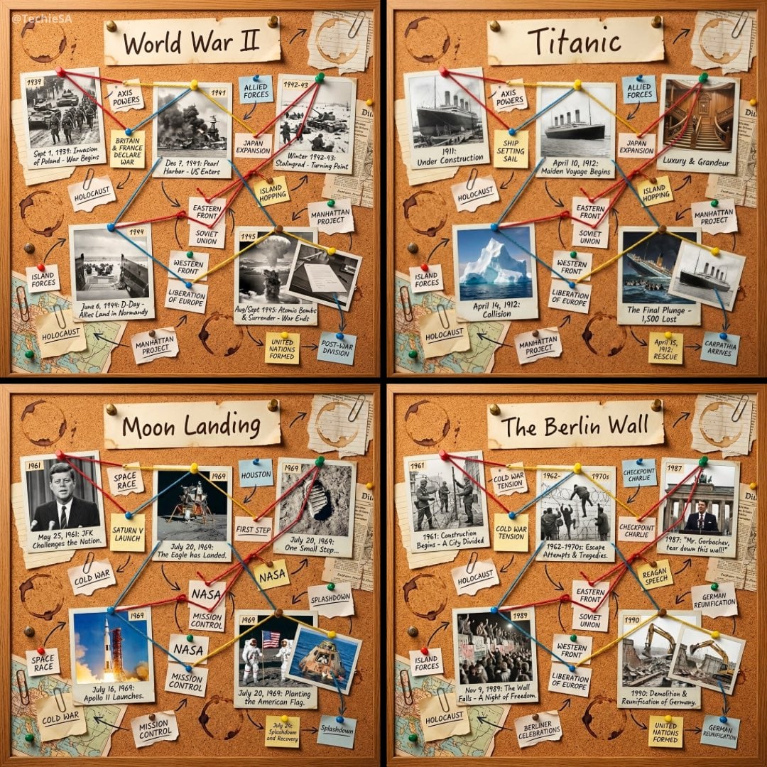 1080x1080 cork-board layout telling the story of [HISTORICAL MOMENT].…