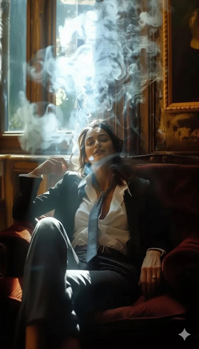 ​A high-definition cinematic portrait of a sophisticated woman sittin…