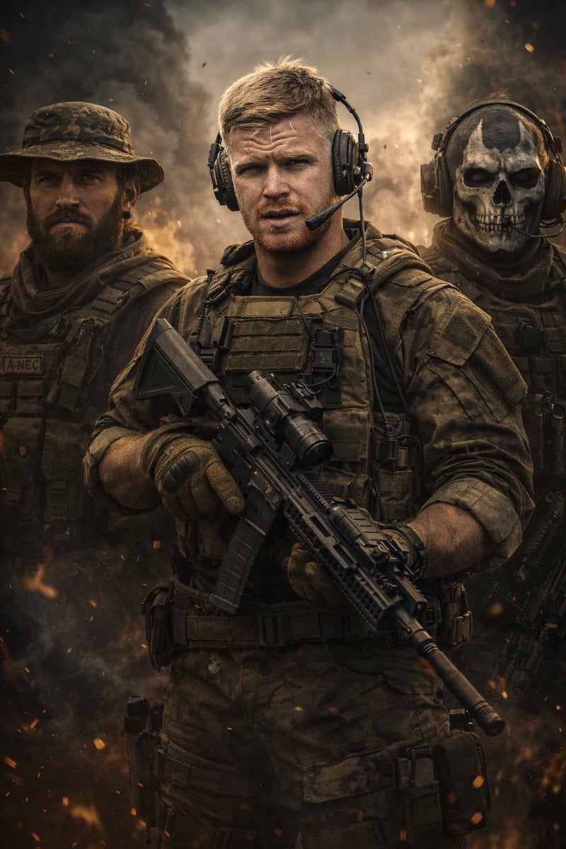A hyper-realistic, cinematic 9:16 portrait of a modern military squad lineup. In the middle stands, wearing t…