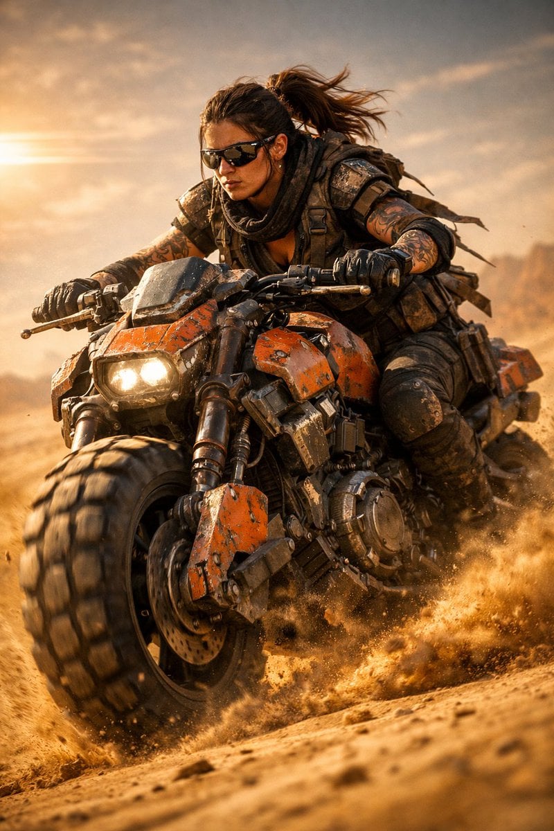 Use the uploaded picture to create a cinematic sci-fi scene of a fierce futuristic biker riding a heavy armor…
