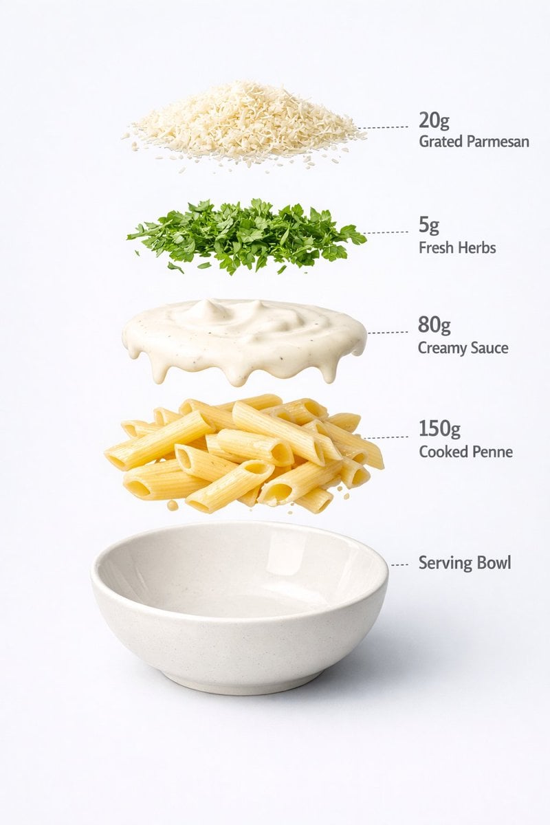 Ultra-realistic food photography of a prepared creamy white sauce pen…