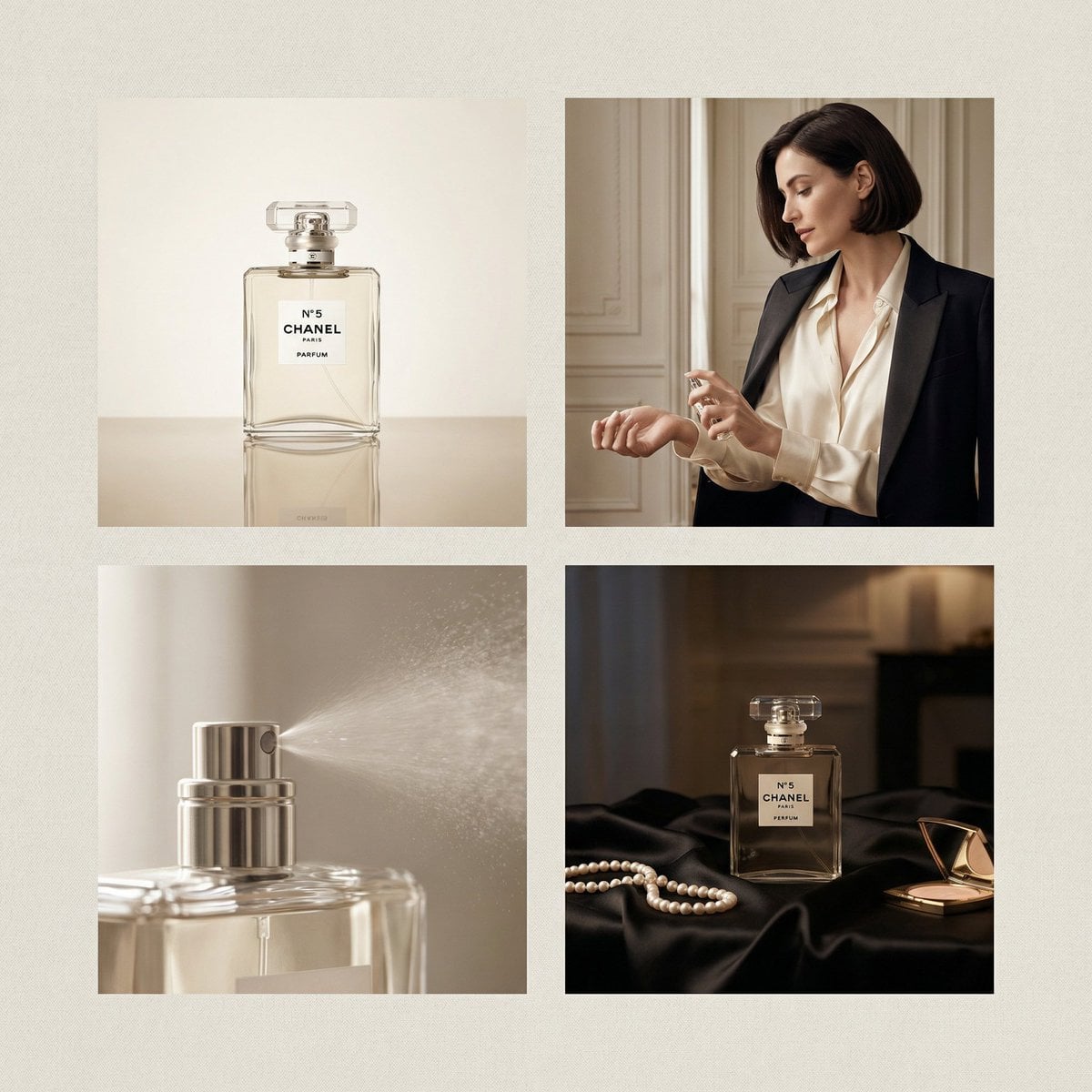 2×2 grid luxury perfume advertisement for Chanel perfume, four distin…