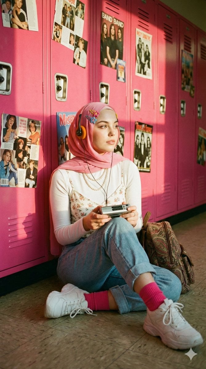 A cinematic, nostalgic portrait of a young hijab woman (use the refer…