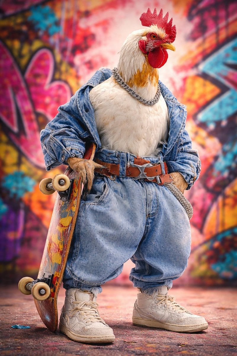 Ultra-realistic studio portrait of an anthropomorphic rooster styled…