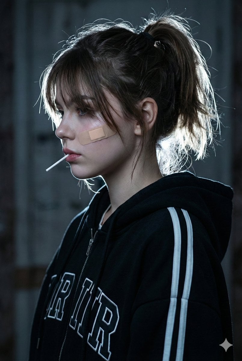 ​A cinematic close-up side profile portrait of a young woman with a r…