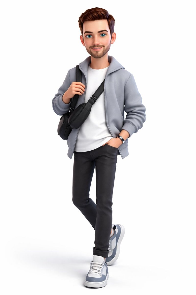 A full-body 3D stylized cartoon boy, Pixar/Disney-inspired character…