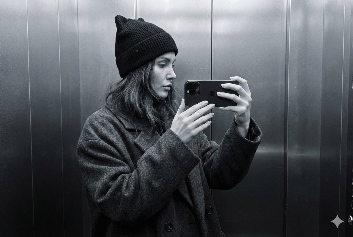 A photorealistic profile selfie, minimalist and monochrome: a woman i…