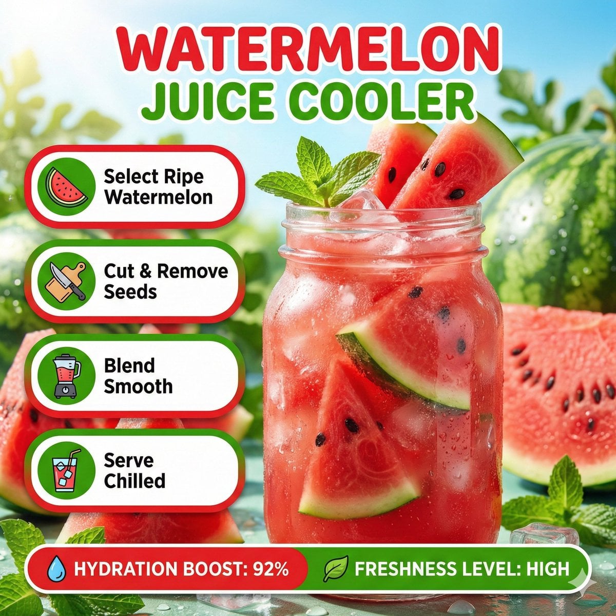 Bright summer infographic showcasing watermelon juice, icy texture, w…