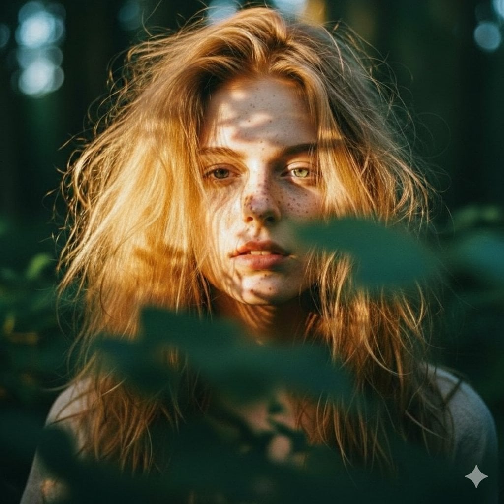 Close-up portrait of a young woman with messy, voluminous strawberry…