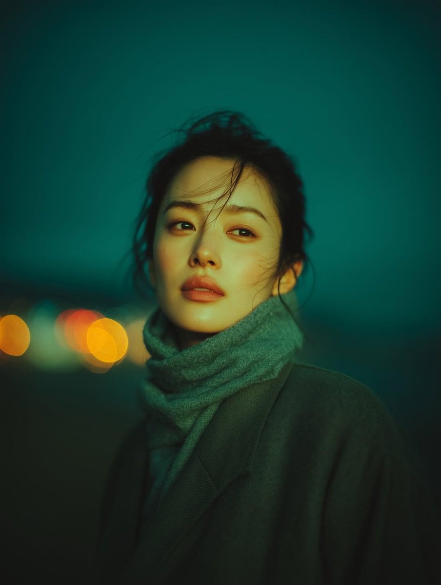 A cinematic night-time portrait of a young woman standing outdoors, s…