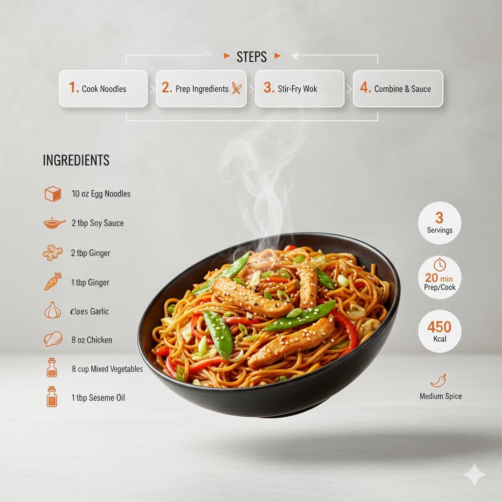 Ultra-clean modern recipe infographic. Showcase chowmin in a visually…