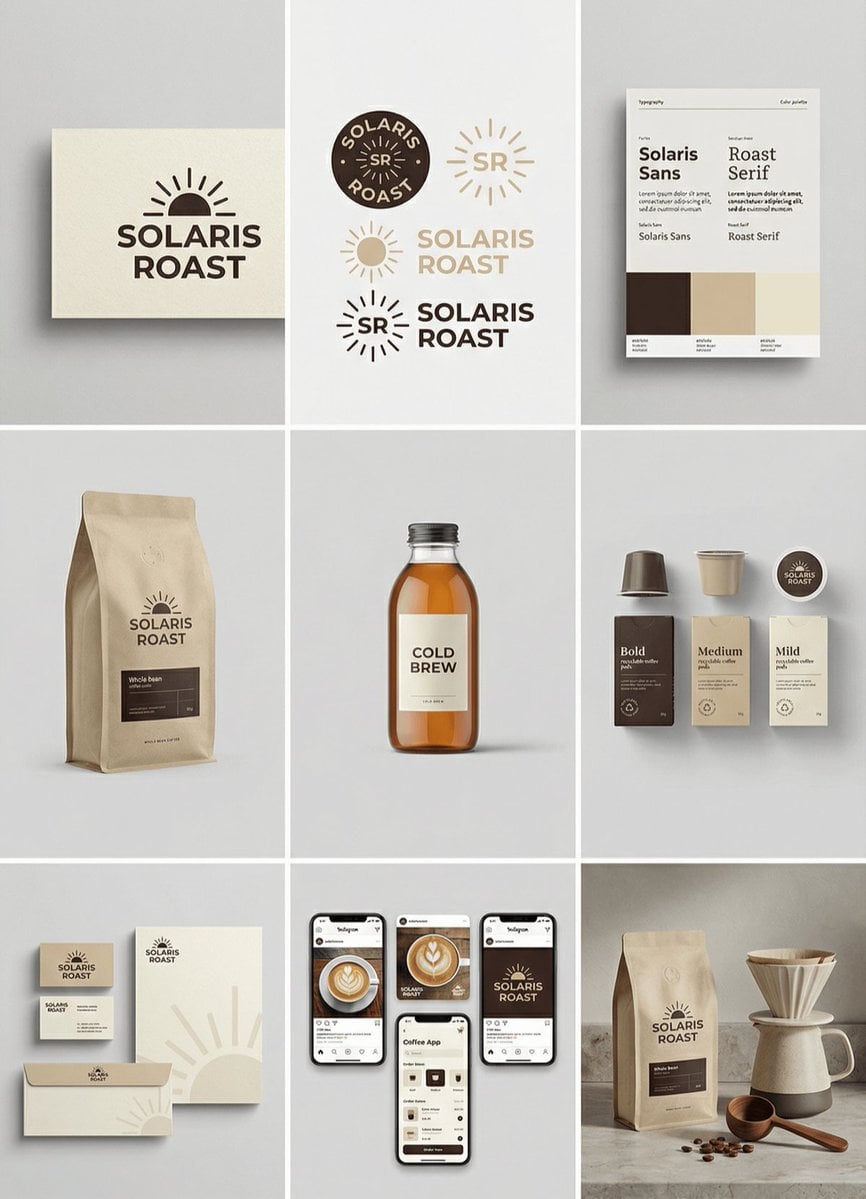brand name complete brand identity grid 3x3 layout nine tiles showing…
