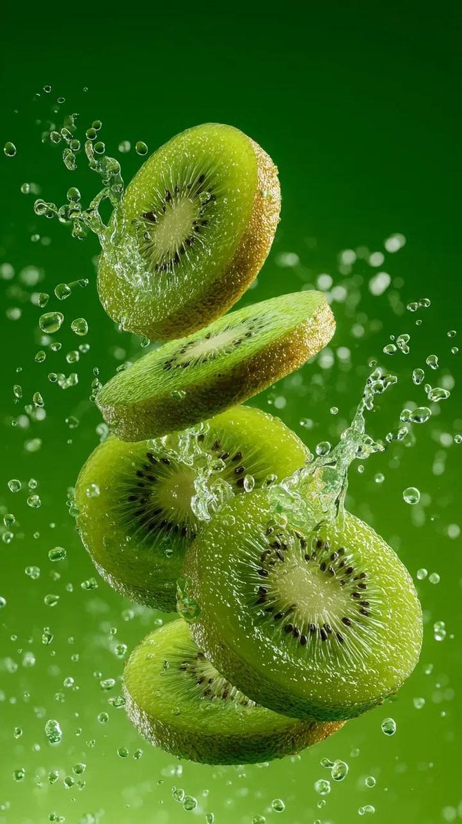 A hyper-realistic image of a sliced kiwi splashing in a spray of water with droplets suspended in the air. Fr…