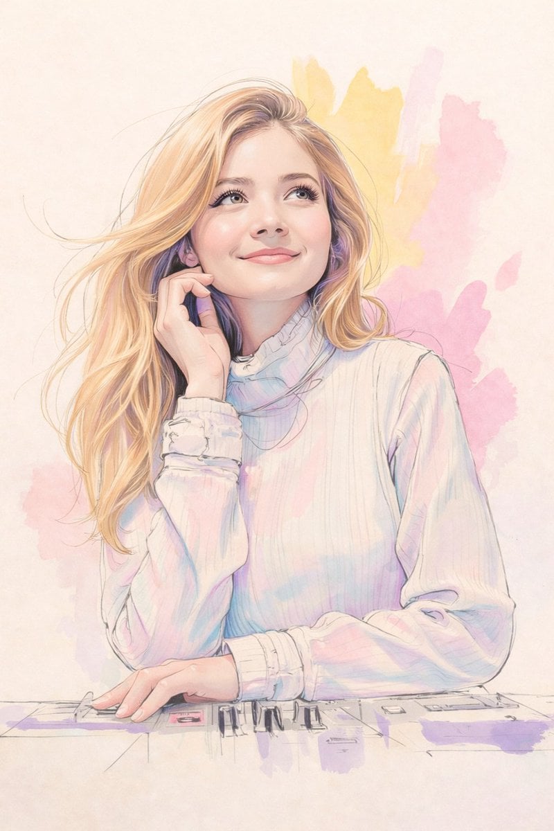 A soft pastel watercolor digital illustration of a young woman with l…