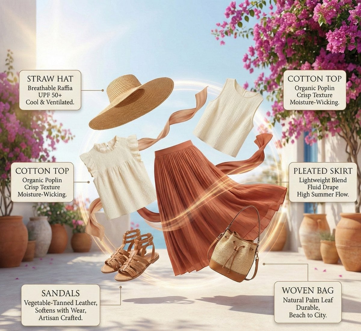 High-fashion summer outfit infographic with color-coordinated floatin…