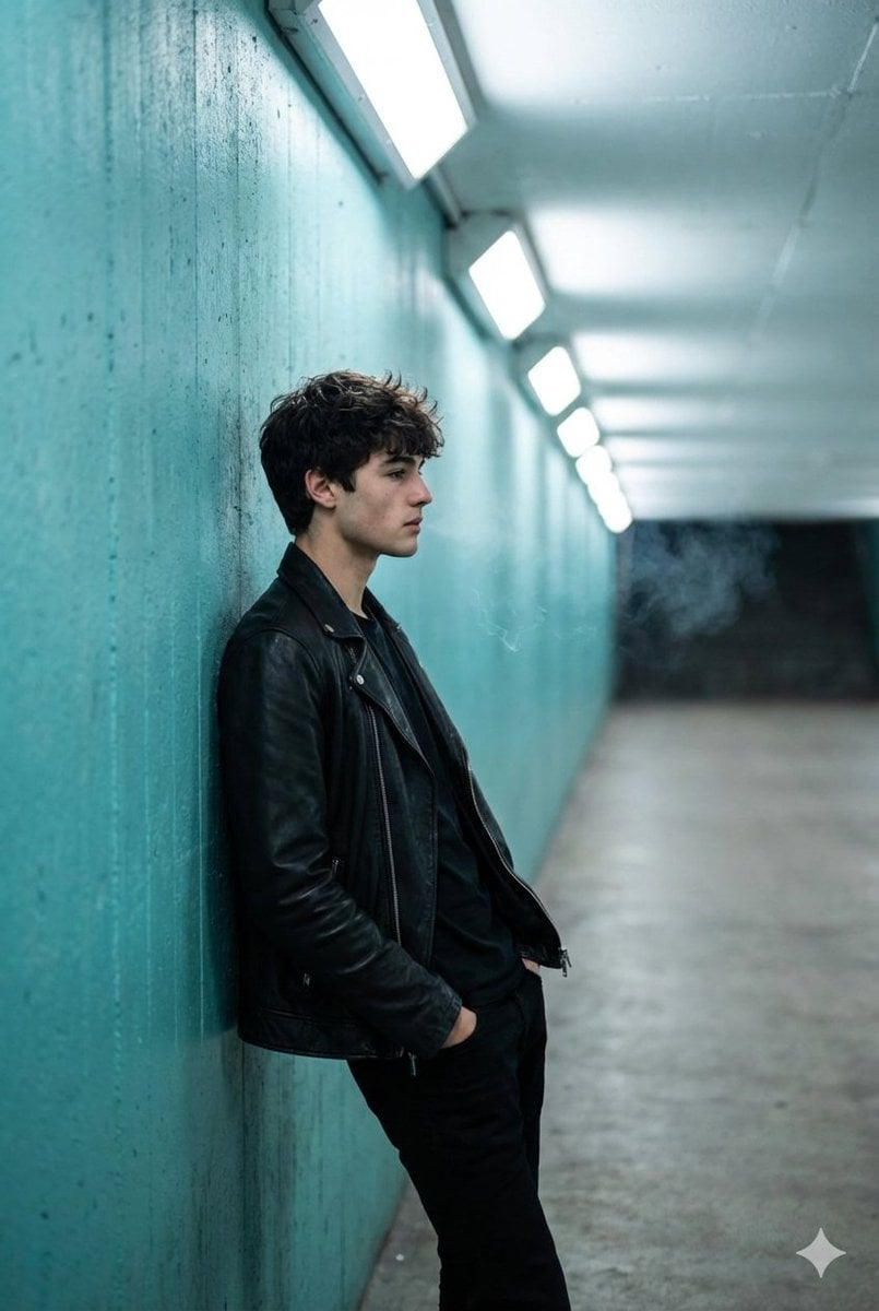 A full shot captures a young man in profile, leaning against a textured turquoise wall inside a brightly lit…