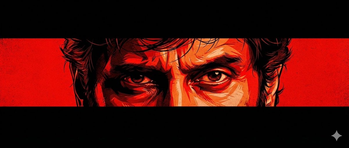 A cinematic poster-style artwork featuring an intense close-up of a m…