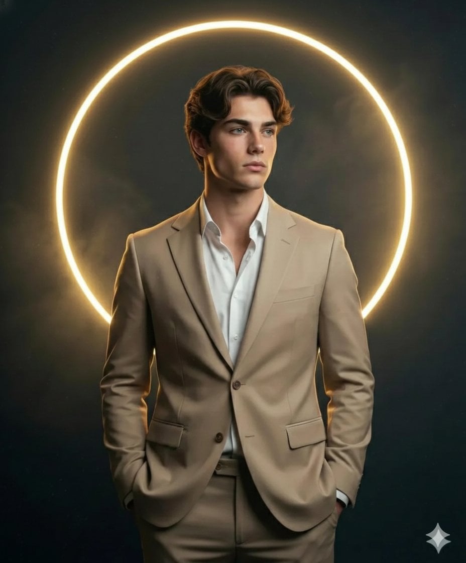 A high-definition, cinematic portrait of a sharp, handsome young man…