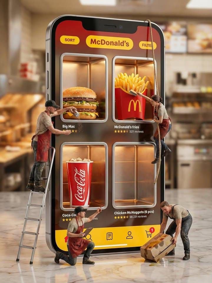 Ultra-realistic creative advertising scene showing a giant smartphone…