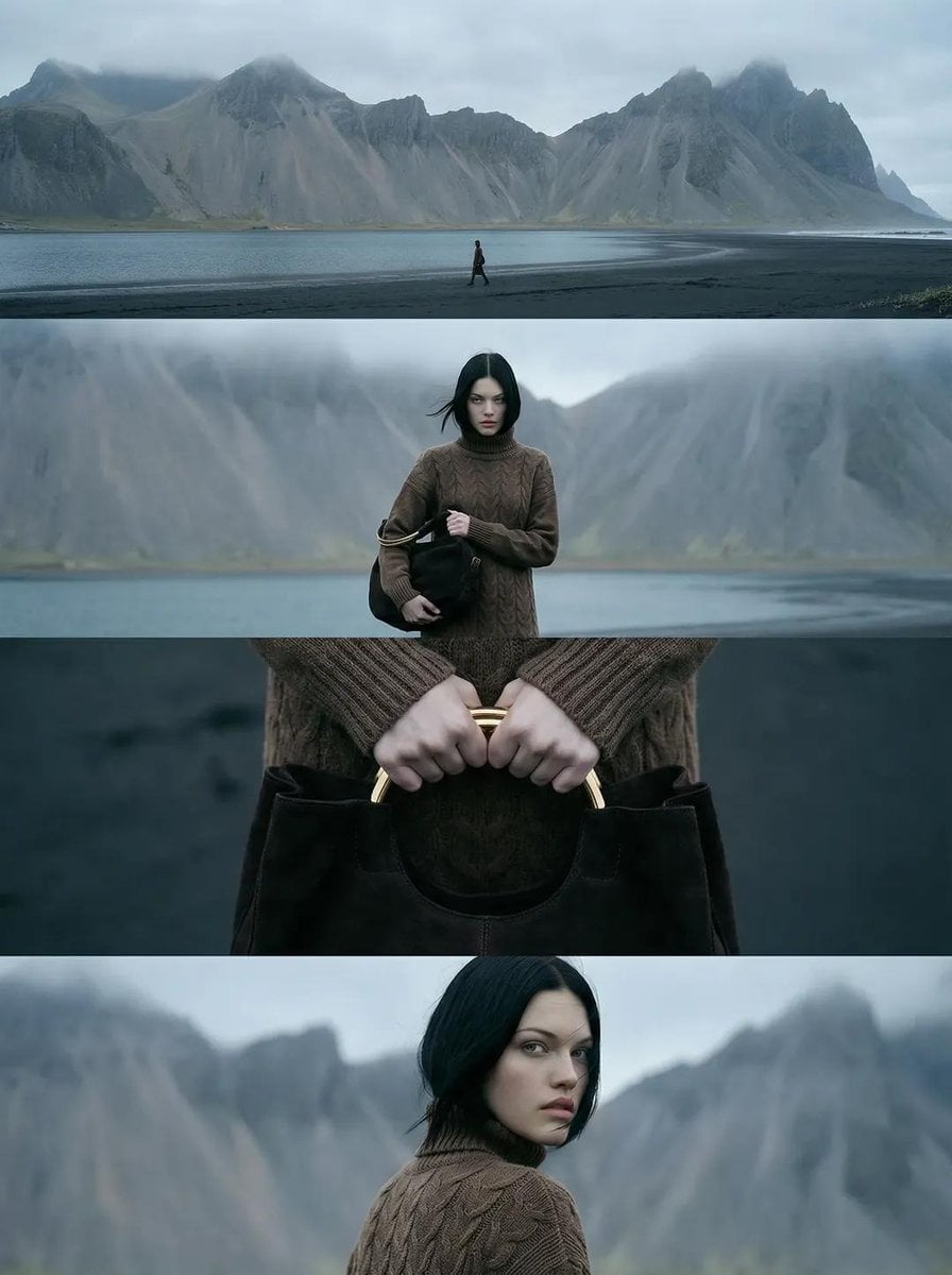 A vertical cinematic editorial image composed of four horizontal film…
